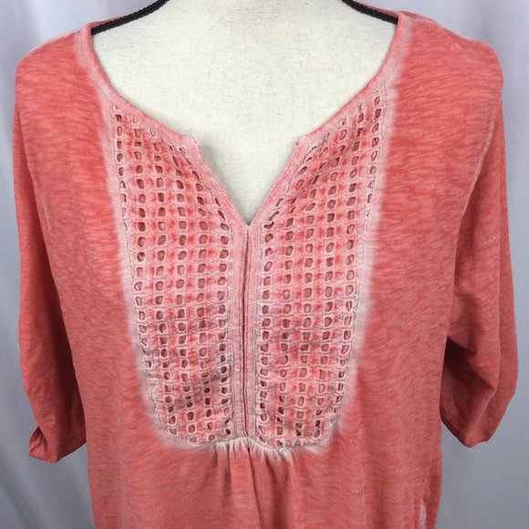 Womens Boho Peasant Top Size XL Jersey Knit Roll Tab Sleeves Lace - Picture 5 of 8